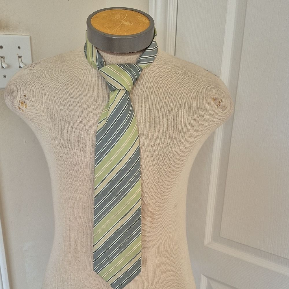 Le Chateau Green and Gray Striped  Silk Tie